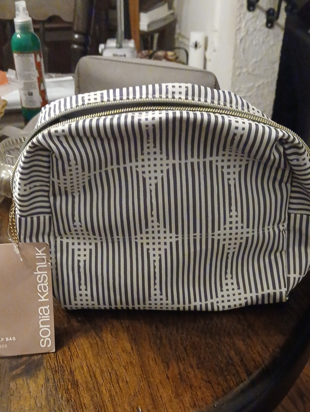Sonia Kashuk Striped Black and White Cosmetic Pouch with Gold Zipper
